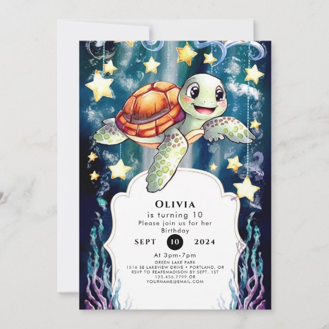Invitation Anniversaire de la tortue magique pour enfants (Devant)