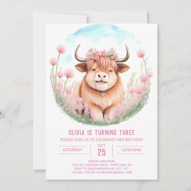 Invitation Anniversaire de la vache rose Highland (Devant)