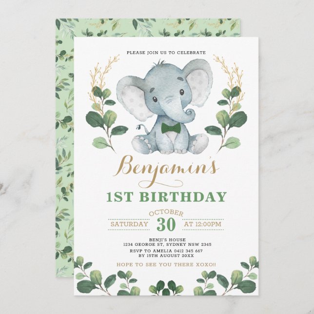 Invitation Anniversaire de la verdure des éléphants (Devant / Derrière)