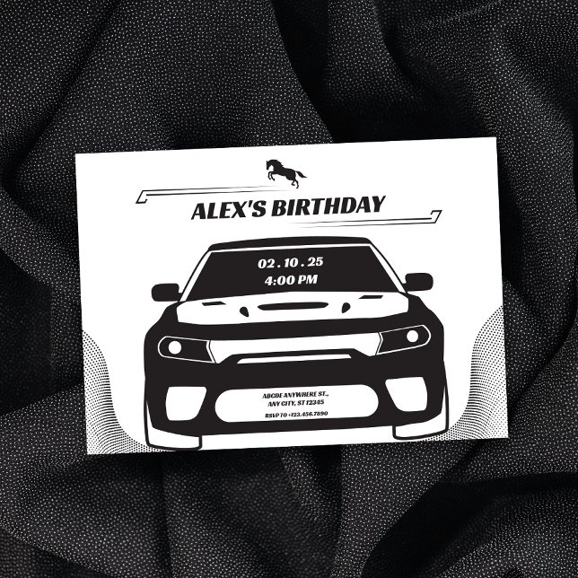 Invitation Anniversaire de la voiture Mustang noir et blanc (Créateur téléchargé)