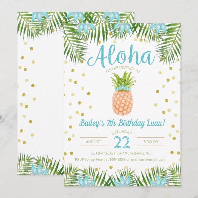 Invitation Anniversaire de l'Aloha Luau Anniversaire de l'Ann (Devant / Derrière)