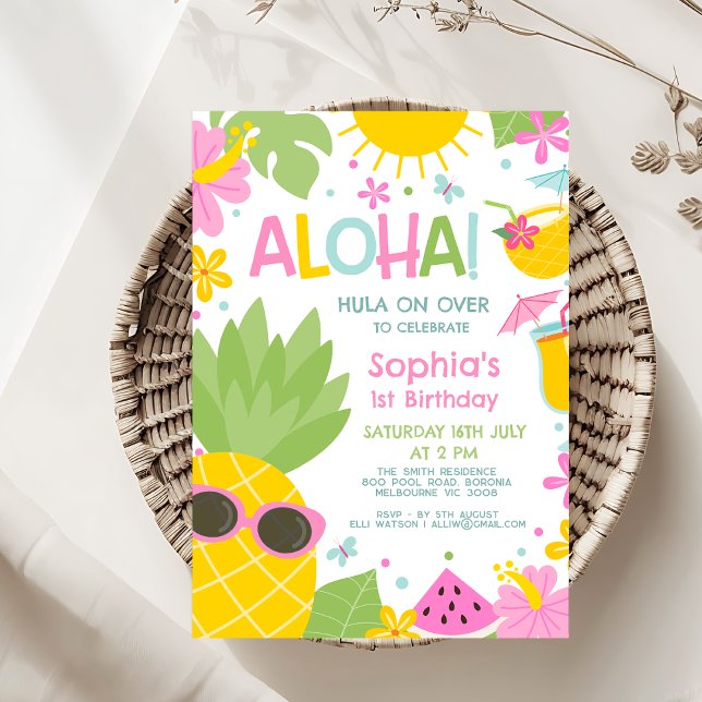 Invitation Anniversaire de l'Aloha rose vert rose (Hawaiian Theme Birthday Party Invitation Template, Editable Aloha Birthday Invitation Girl Colorful)