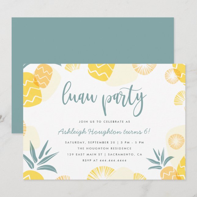 Invitation Anniversaire de l'ananas jaune mignon Luau (Devant / Derrière)