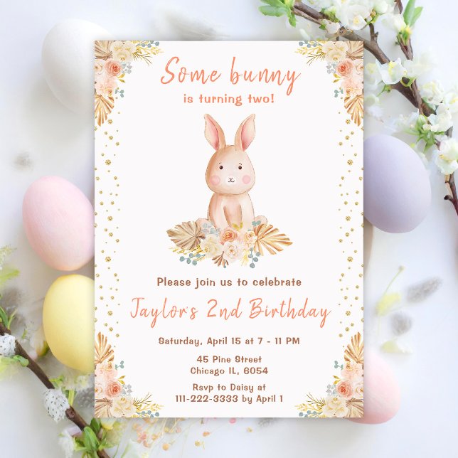 Invitation Anniversaire de lapin floral Boho (Créateur téléchargé)