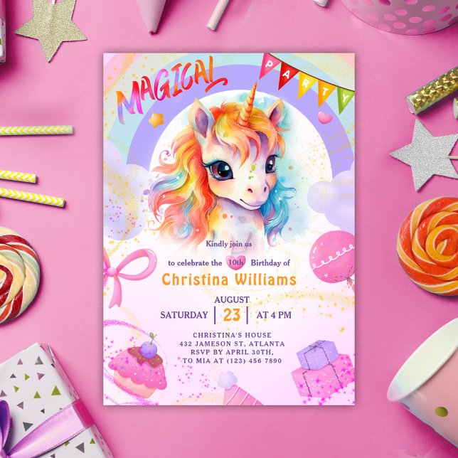 Invitation Anniversaire de l'arc-en-ciel rose de la licorne (Unicorn Pink Rainbow Birthday Invitation)