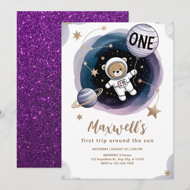 Invitation Anniversaire de l'astronaute dans l'espace 1ère an (Devant / Derrière)