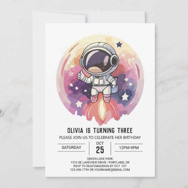 Invitation Anniversaire de l'astronaute d'aventure rose encha (Devant)