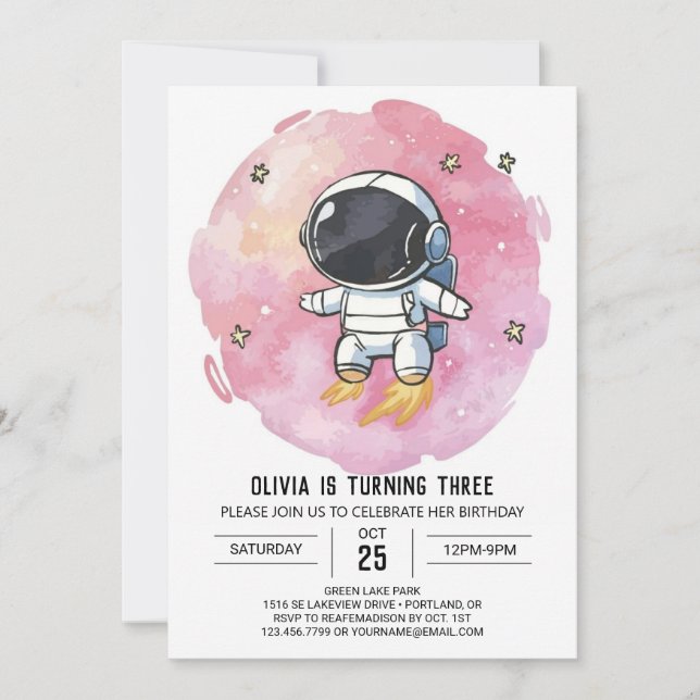 Invitation Anniversaire de l'astronaute Starry Rose Explorer (Devant)