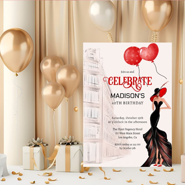 Invitation Anniversaire De L'Élégante Dame Et Des Ballons (Créateur téléchargé)
