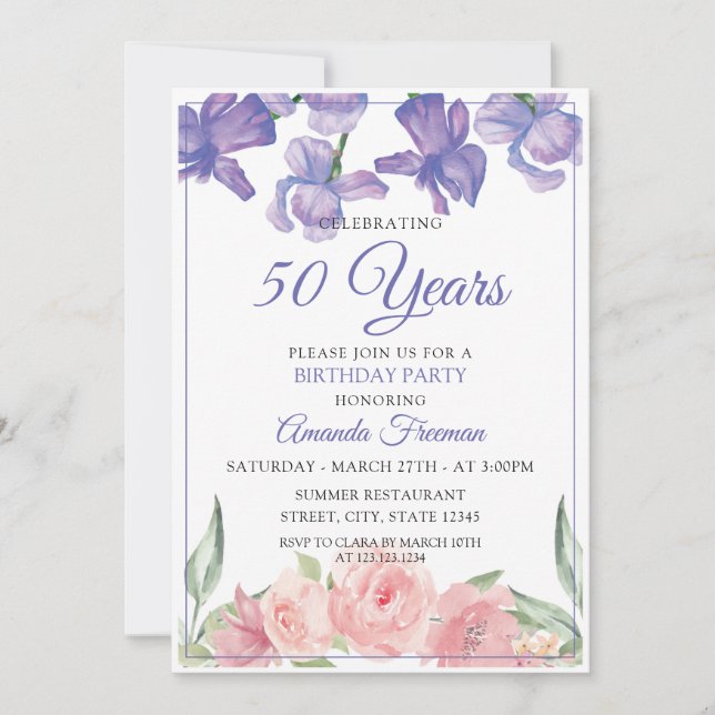 Invitation Anniversaire de l'élégante rose et violette (Devant)