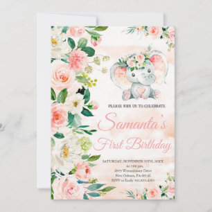 Invitation Anniversaire de l'éléphant, Floral rose, Safari An