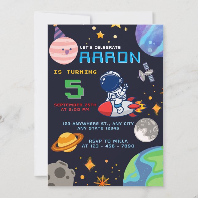 Invitation Anniversaire de l'espace avec astronaute et planèt (Devant)