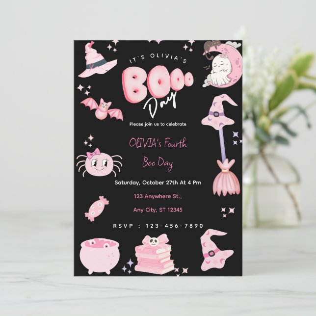 Invitation Anniversaire de l'Halloween rose mou Boo Day (Debout devant)