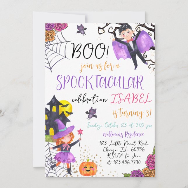 Invitation Anniversaire de l'Halloween violet Spooktaculaire (Devant)