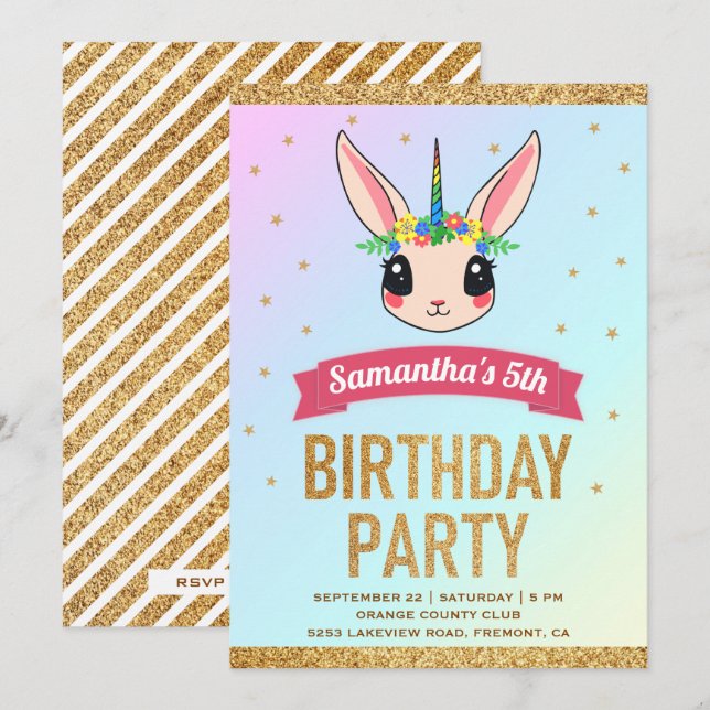 Invitation Anniversaire de Licorne de Lapin de Paillettes d'O (Devant / Derrière)