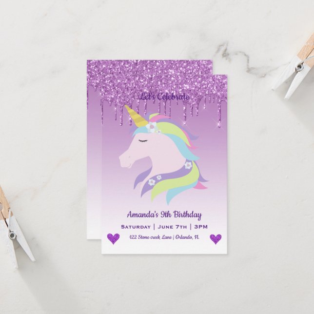 Invitation Anniversaire de Licorne Magique Mignonne & Cœurs (Devant/Arrière en situation)