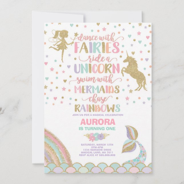 Invitation Anniversaire de Licorne Mermaid Fée Magique (Devant)