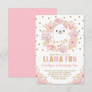 Invitation Anniversaire de Llama / Doré rose Floral Alpaca