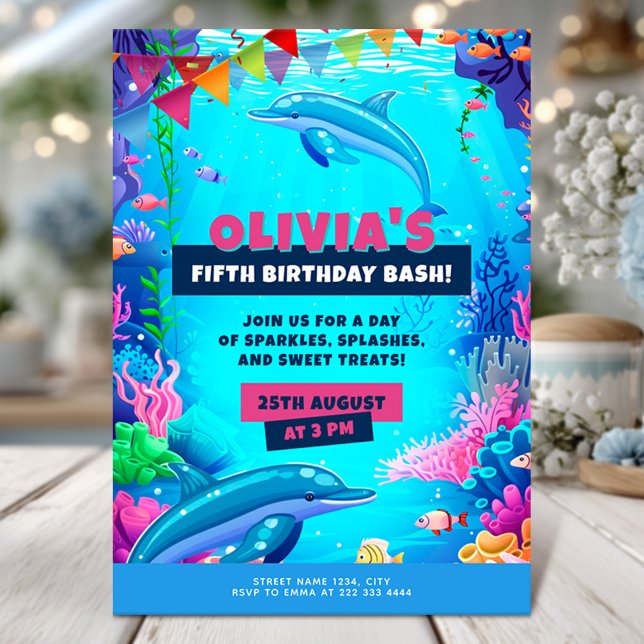 Invitation Anniversaire de l'océan, fête des dauphins de mer (Créateur téléchargé)