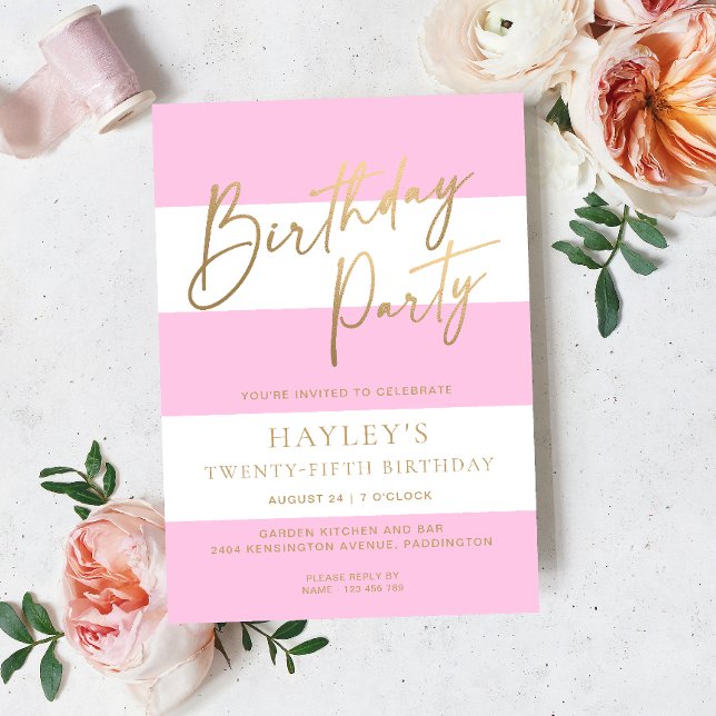 Invitation Anniversaire de l'or rose pâle (Birthday Party Invitation Stripe )