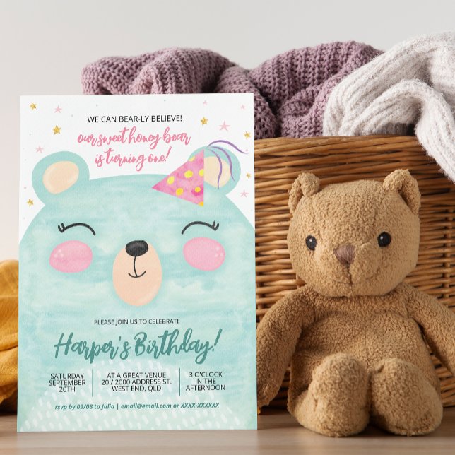 Invitation Anniversaire de l'ours au miel rose  (You can create plenty of honey for the big day with our bear birthday invitation!)