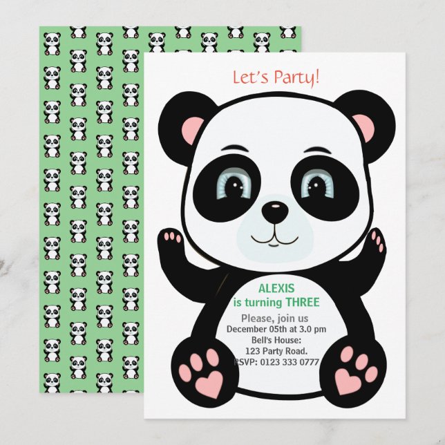 Invitation Anniversaire de l'ours panda mignon (Devant / Derrière)