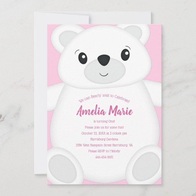Invitation Anniversaire de l'Ours rose (Devant)