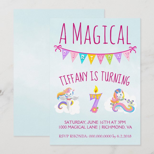 Invitation Anniversaire de l'Unicorne à 7 ans (Devant / Derrière)