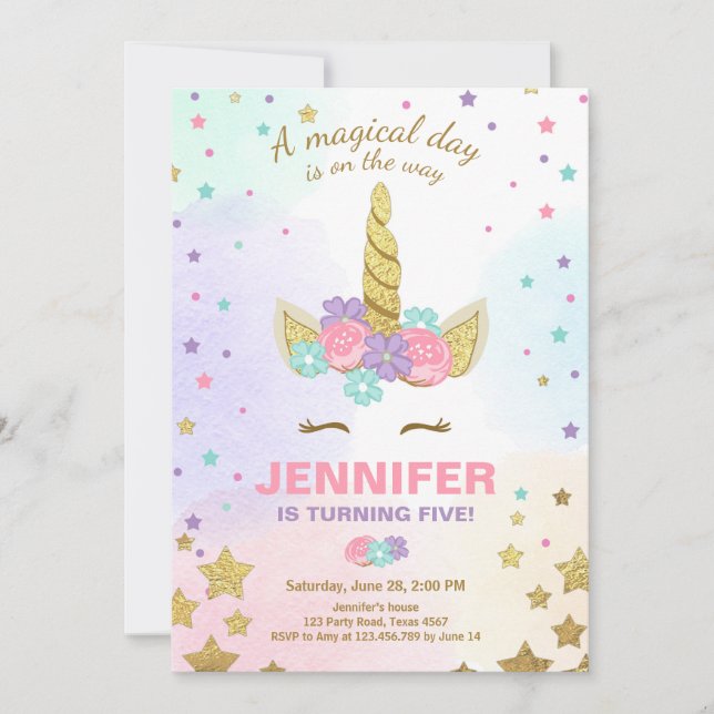 Invitation Anniversaire de l'Unicorne Pink Gold (Devant)