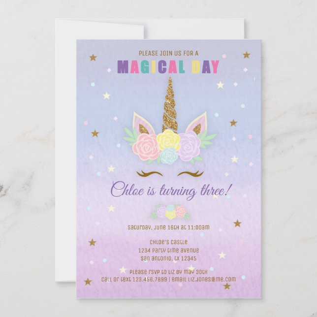 Invitation Anniversaire de l'Unicorne Pink Purple  (Devant)