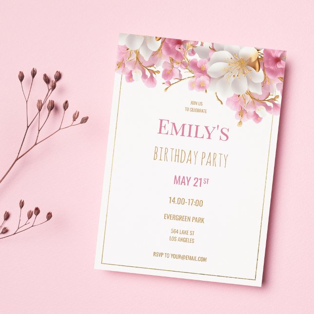 Invitation Anniversaire de luxe blanc or rose élégant (Luxury white gold pink elegant floral birthday)
