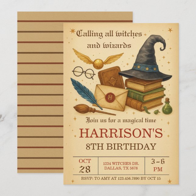 Invitation Anniversaire de Magicien et Sorcières Magiques (Devant / Derrière)