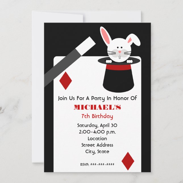 Invitation Anniversaire de magicien - lapin dans le casquette (Devant)