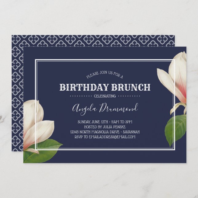 Invitation Anniversaire de Magnolia Sud Brunch Bleu (Devant / Derrière)
