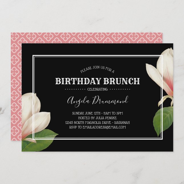 Invitation Anniversaire de Magnolia Sud Brunch Noir (Devant / Derrière)