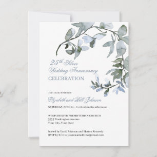 Invitation Anniversaire de mariage 25 ans Watercolor Blue Flo