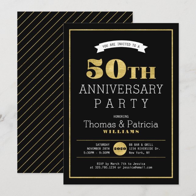Invitation anniversaire de mariage 50 ans en Or Mo (Devant / Derrière)