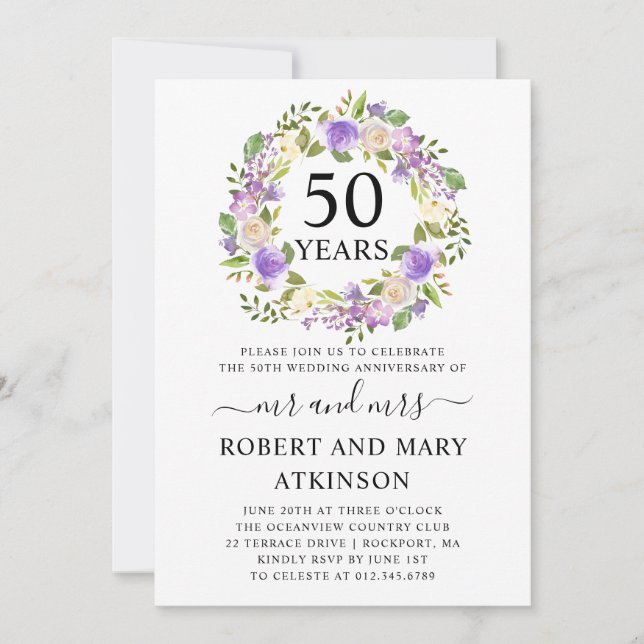 Invitation Anniversaire de Mariage 50 ans Fleurs Violettes et (Devant)