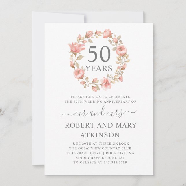 Invitation Anniversaire de mariage 50 ans Floral Rose (Devant)