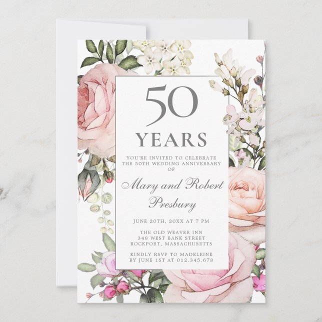 Invitation Anniversaire de mariage - 50 ans Rose rose florale (Devant)