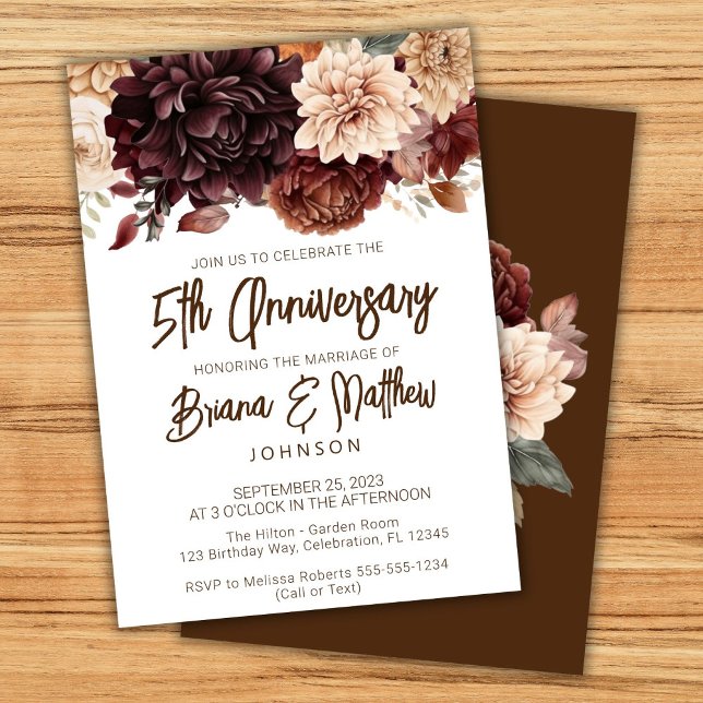 Invitation Anniversaire de mariage 5 ans Brun Beige Floral  (Créateur téléchargé)