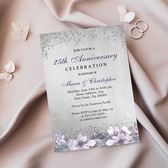 Invitation Anniversaire de mariage argent floral pourpre 25 a (Créateur téléchargé)