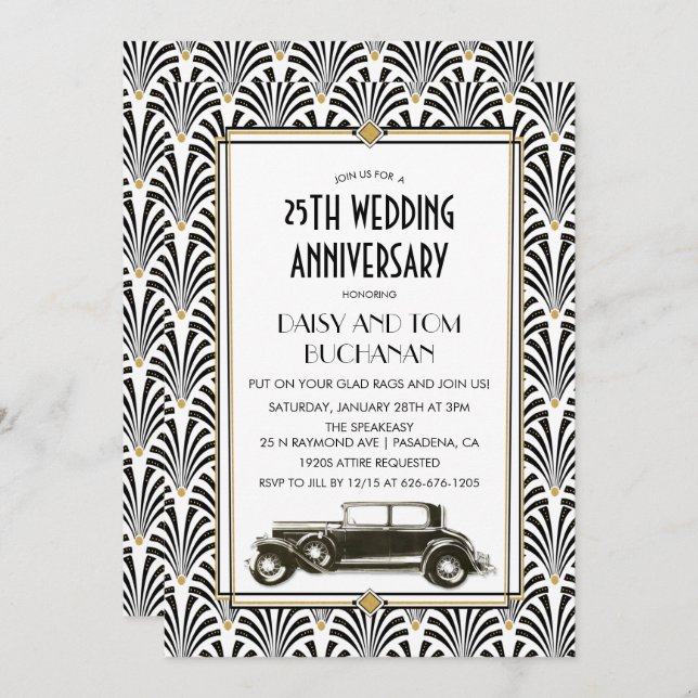 Invitation anniversaire de mariage Art Déco Gatsby (Devant / Derrière)