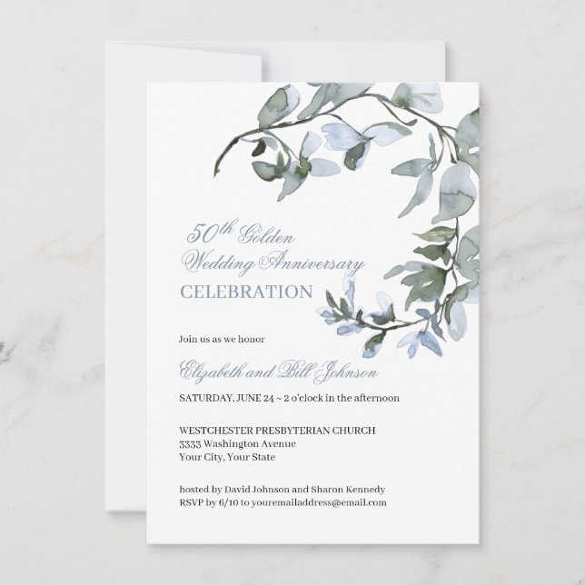 Invitation Anniversaire de mariage bleu floral aquarelle 50 a (Devant)