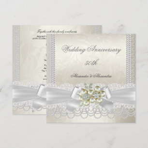 Invitation Anniversaire de mariage crème blanc perle dentelle