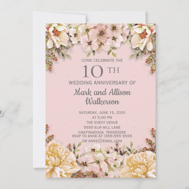 Invitation Anniversaire de mariage de 10 ans Fleur Rose Ivoir (Devant)