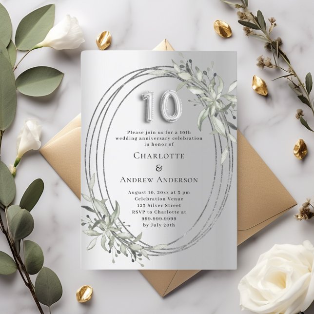 Invitation anniversaire de mariage de 10 ans greenery argenté (Créateur téléchargé)