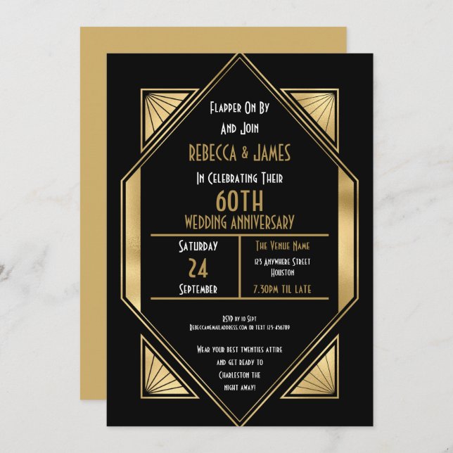 Invitation Anniversaire de mariage de 60 ans Art Déco (Devant / Derrière)