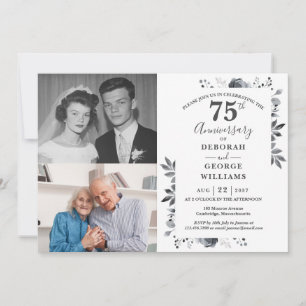 Invitation Anniversaire de mariage de 70 ans Floral Then & No