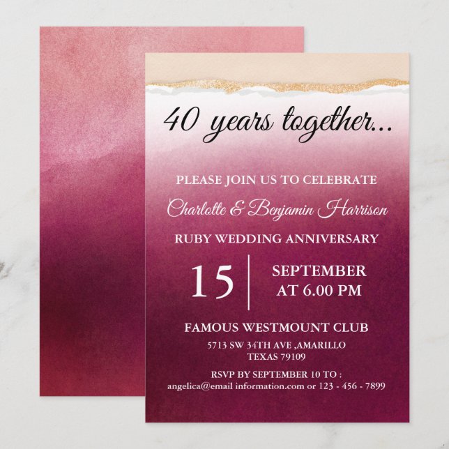Invitation anniversaire de mariage de rubis 40 ans (Devant / Derrière)